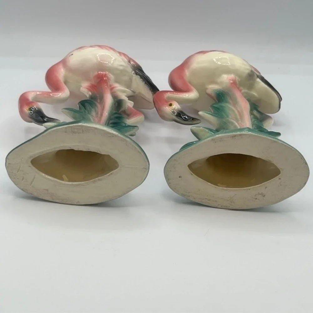 Vintage Pink Flamingo Ceramic Figurines Pair Mid Century Modern Tropical Decor